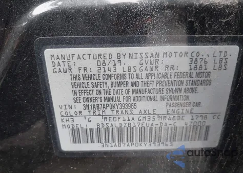 2019 Nissan Sentra Sv z USA, uszkodzony, nr VIN 3N1AB7AP0KY393965